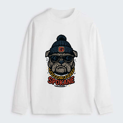 Spokane Bulldog wearing Gonzaga beanie with G patch - Classic Long Sleeve Shirt - White