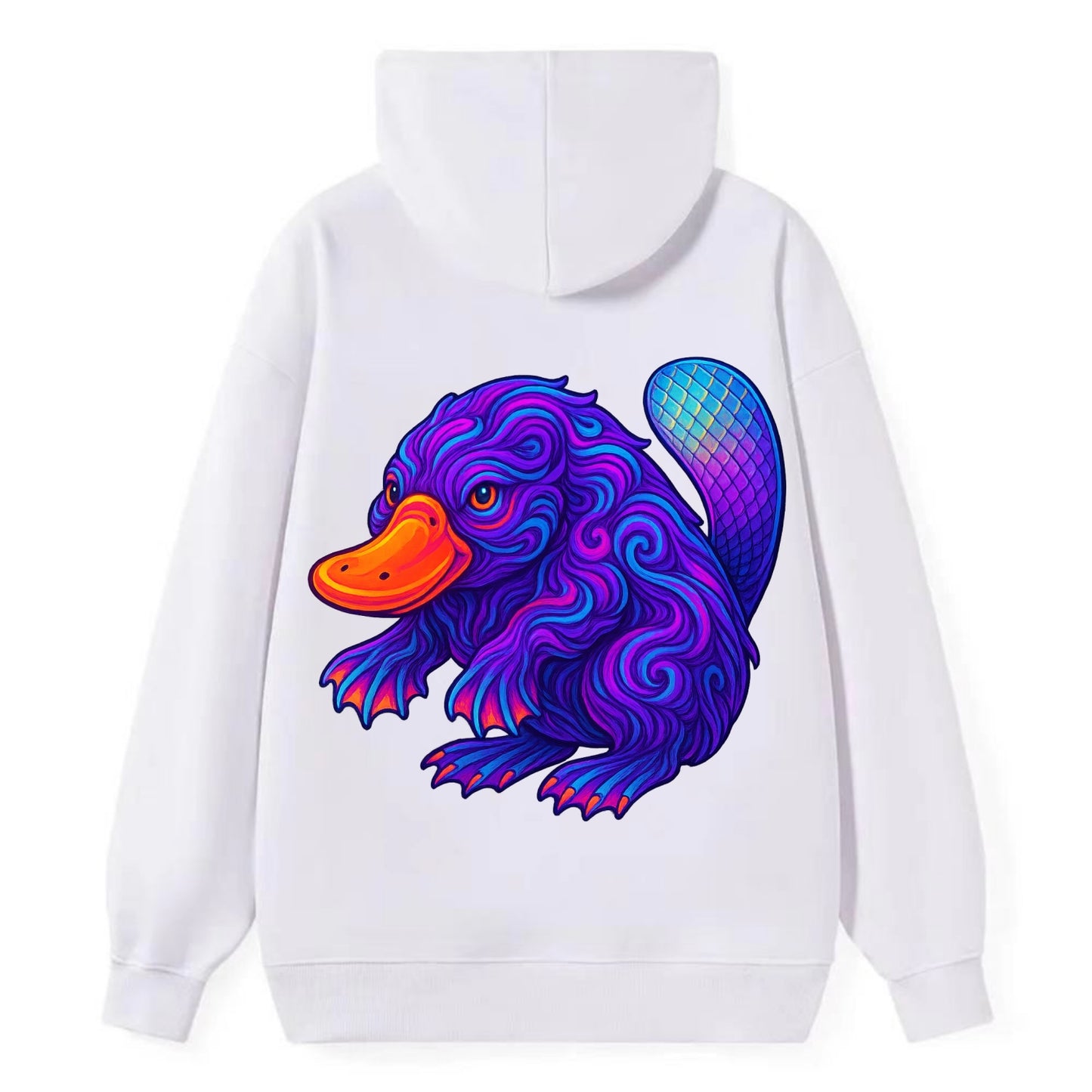 Quirky platypus with bill glowing in neon orange, beaver tail with - Classic Pullover Hoodie - White