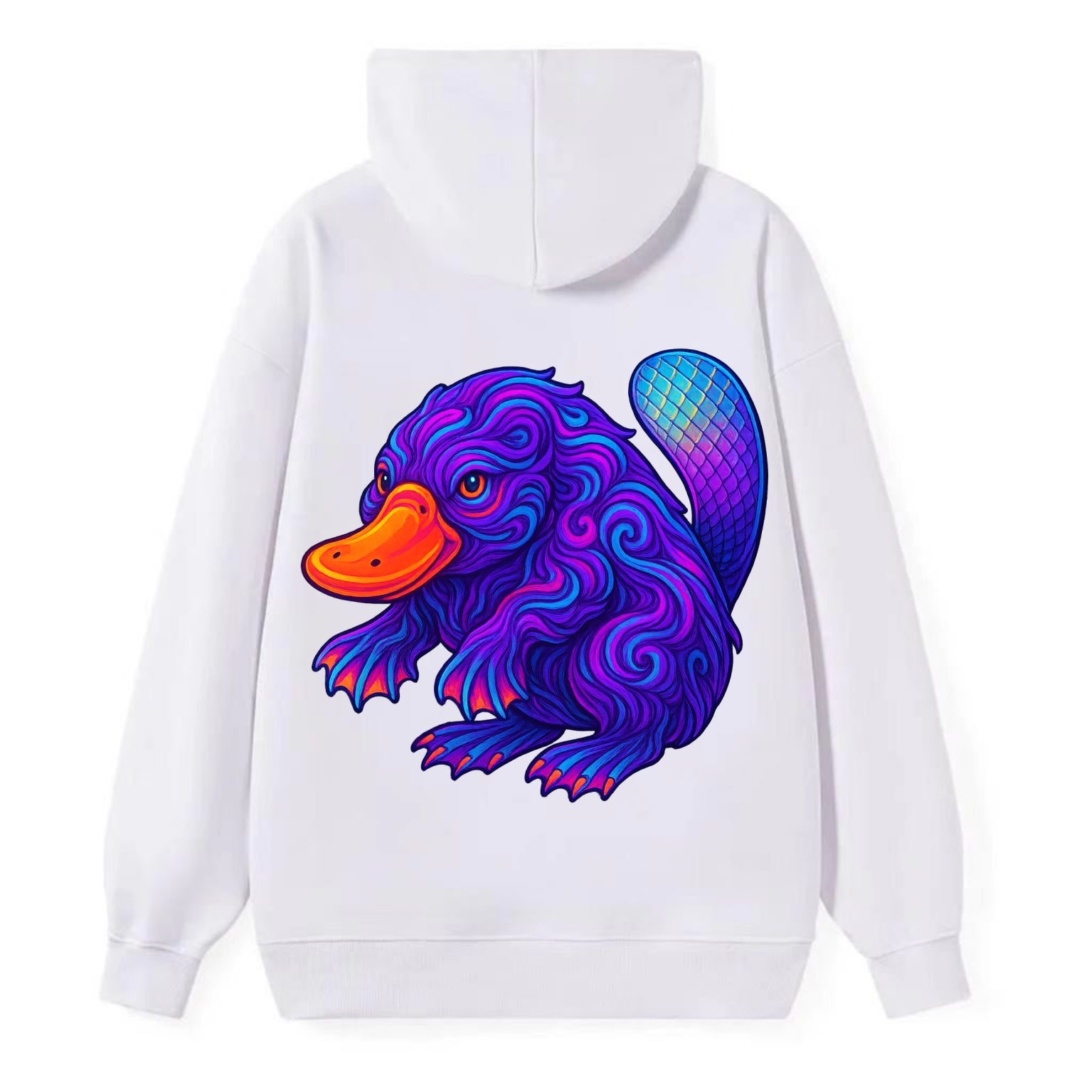 Quirky platypus with bill glowing in neon orange, beaver tail with - Classic Pullover Hoodie - White