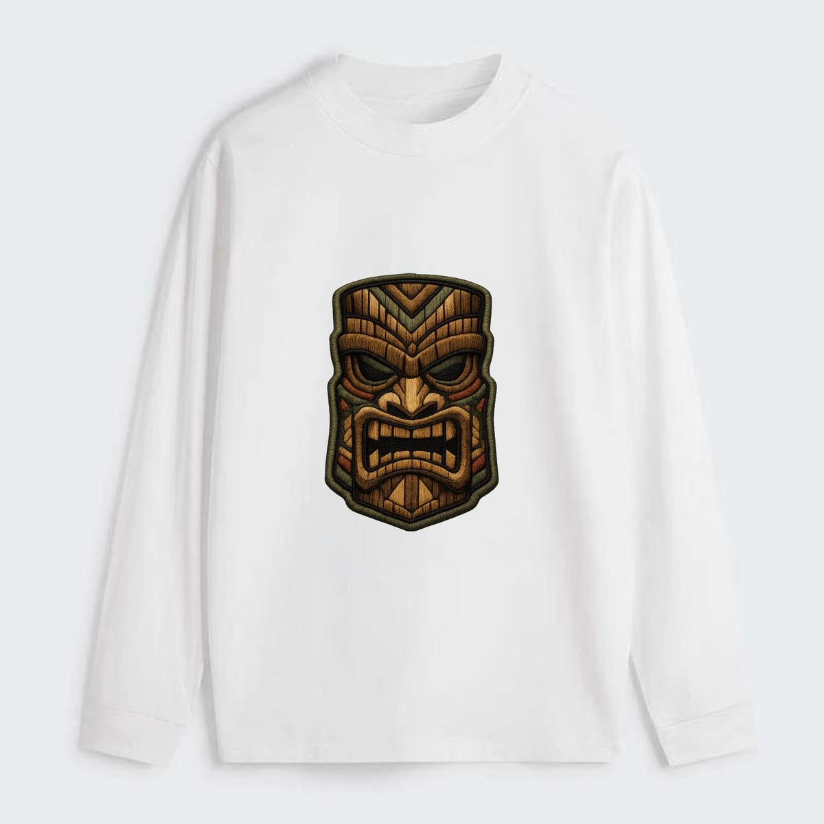 TIKI MASK - carved totem in brown and red , Polynesian - Classic Long Sleeve Shirt - White
