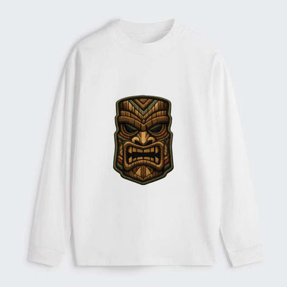 TIKI MASK - carved totem in brown and red , Polynesian - Classic Long Sleeve Shirt - White