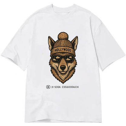 LA Coyote wearing Hollywood beanie with pom pom and wayfarer sunglasses - Classic T-shirt - White