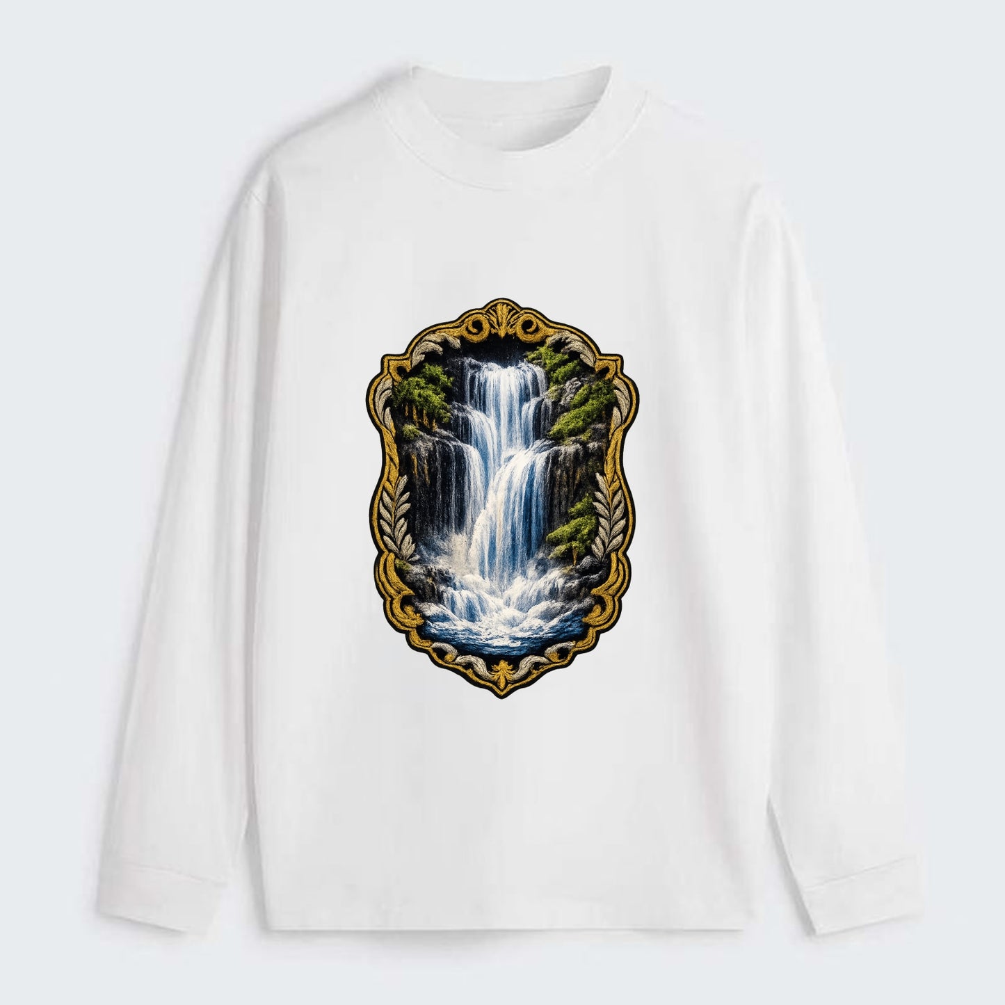 WATERFALL CASCADE - falling water with mist in blue and white , nature - Classic Long Sleeve Shirt - White