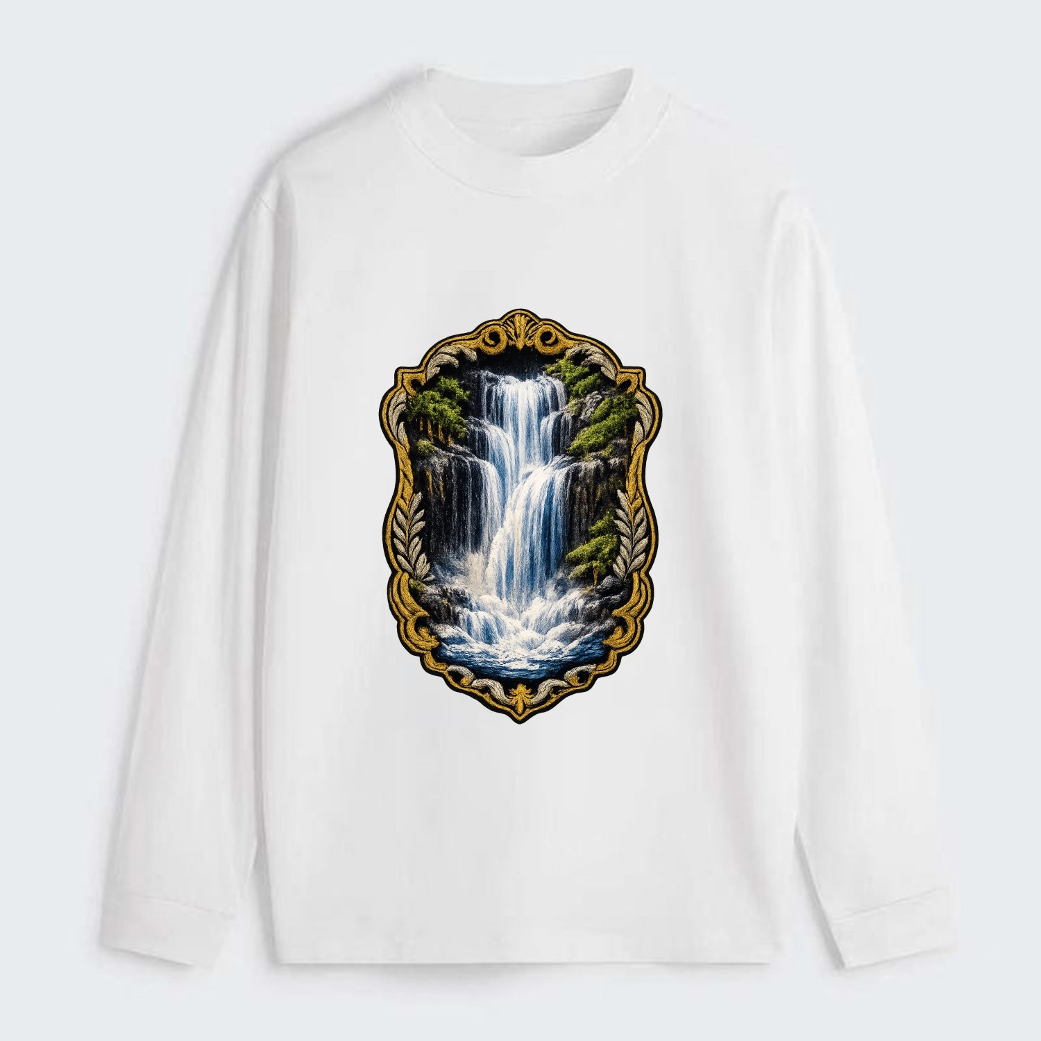 WATERFALL CASCADE - falling water with mist in blue and white , nature - Classic Long Sleeve Shirt - White