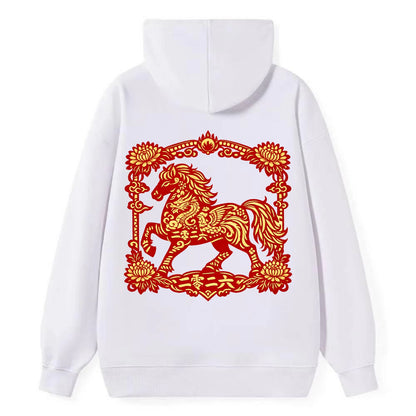 HORSE | Silk style horse design | Gold and silver thread appearance | - Classic Pullover Hoodie - White