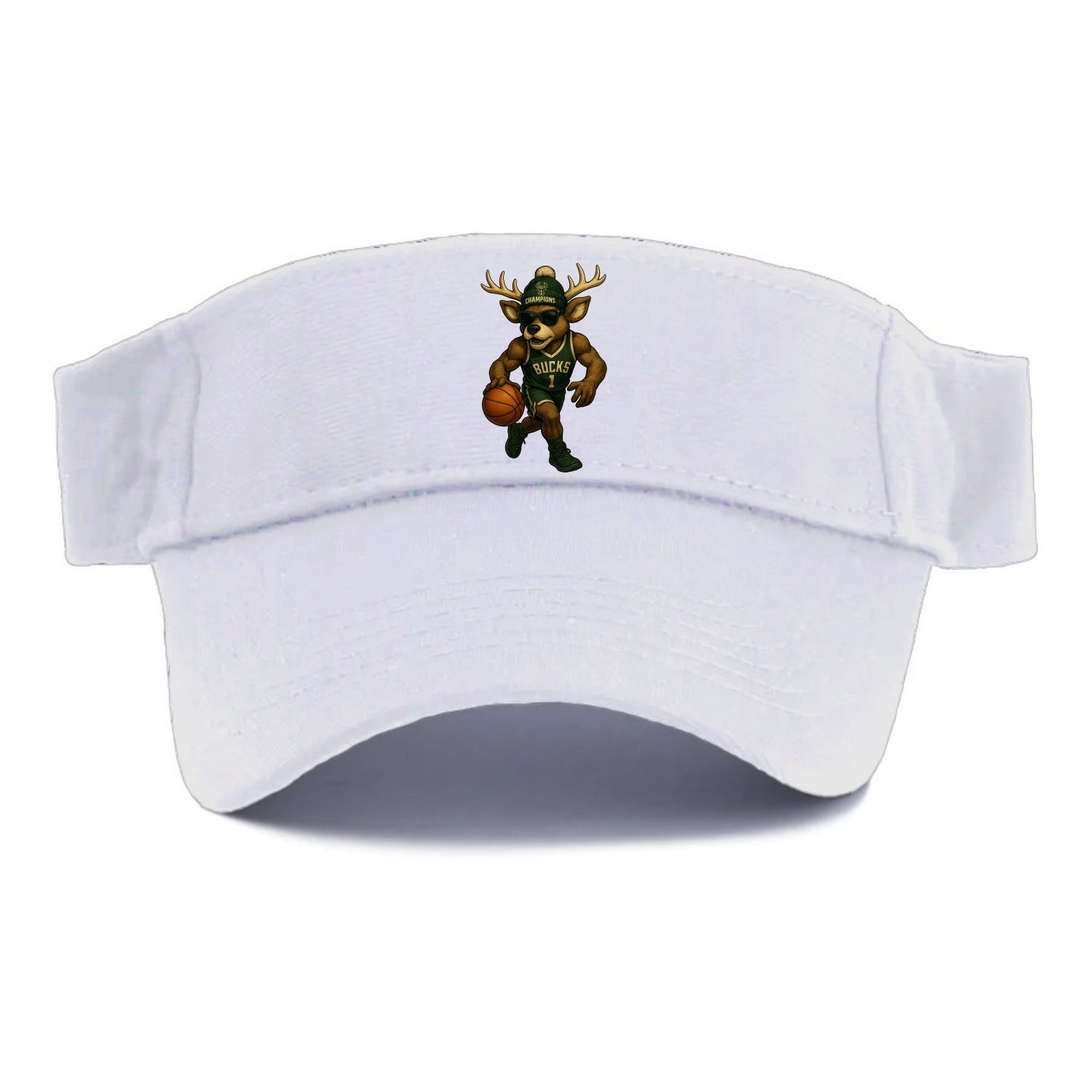 Milwaukee Buck Deer wearing Bucks green and cream beanie with antlers and wayfarer - Visor - White