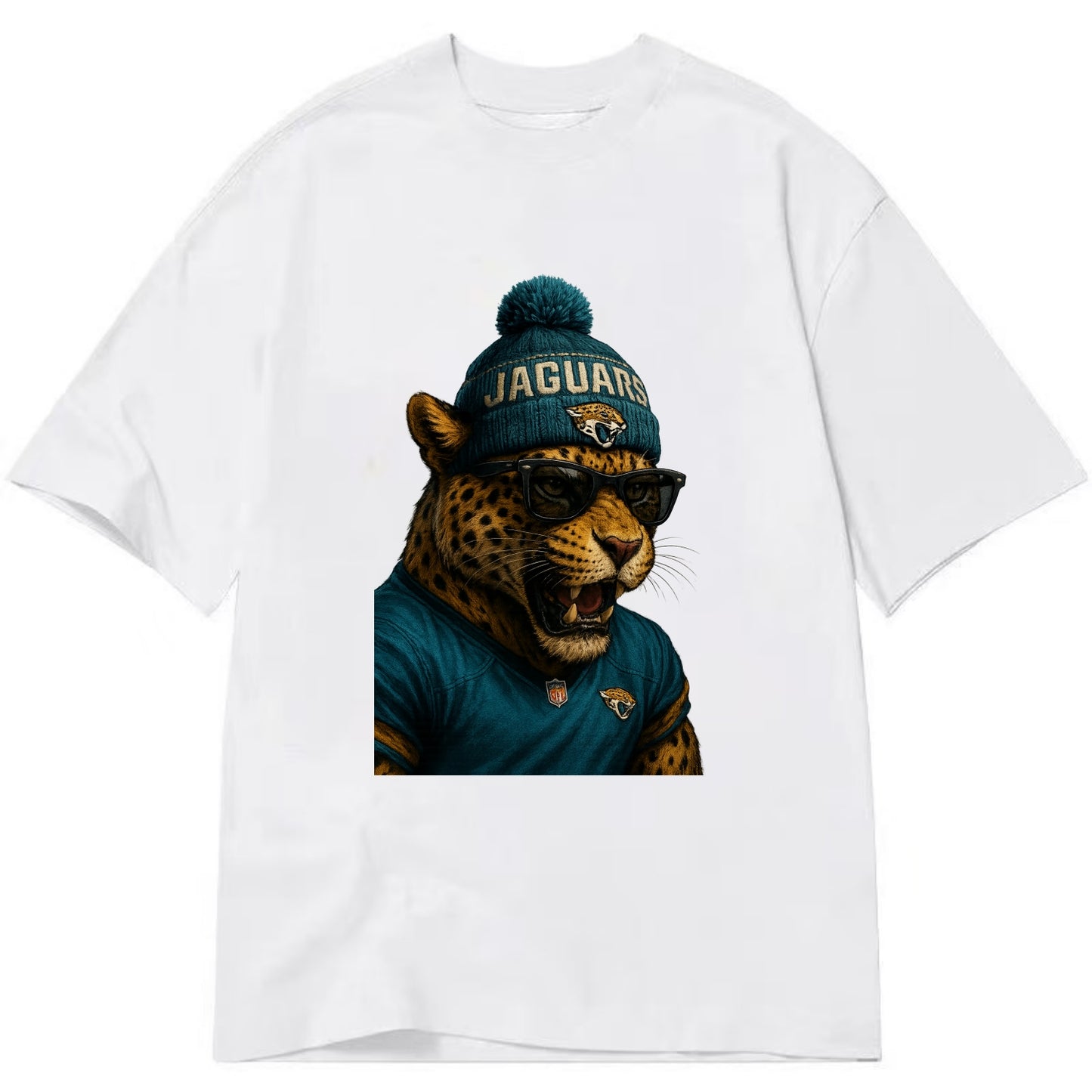 Jacksonville Jaguar wearing Jaguars teal and gold beanie with pom pom and - Classic T-shirt - White