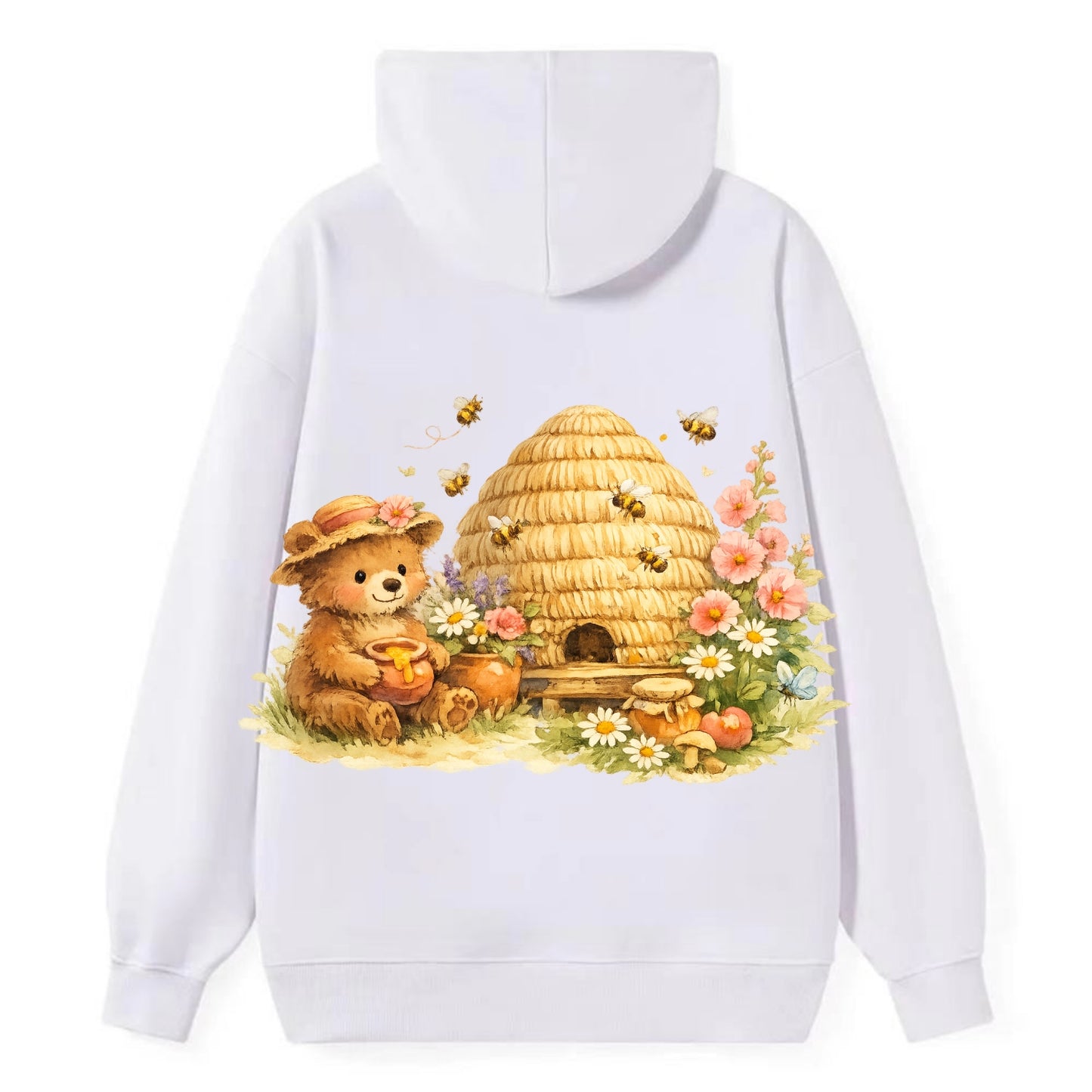SKEP HIVE | Traditional straw beehive | Cottage garden setting | Buzzing - Classic Pullover Hoodie - White