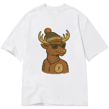 Edmonton Elk wearing Edmonton beanie with pom pom and wayfarer sunglasses - Classic T-shirt - White