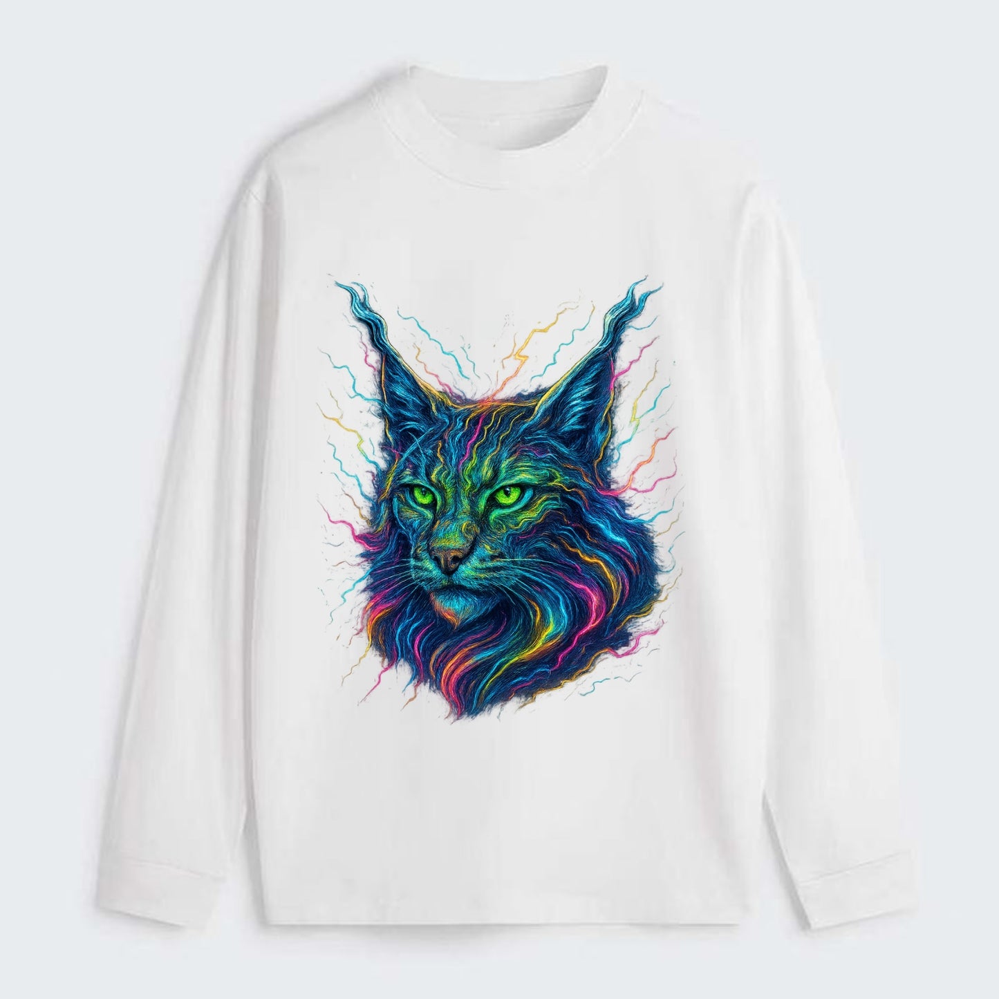 Wild lynx with ear tufts transforming into liquid mercury flows, silver - Classic Long Sleeve Shirt - White