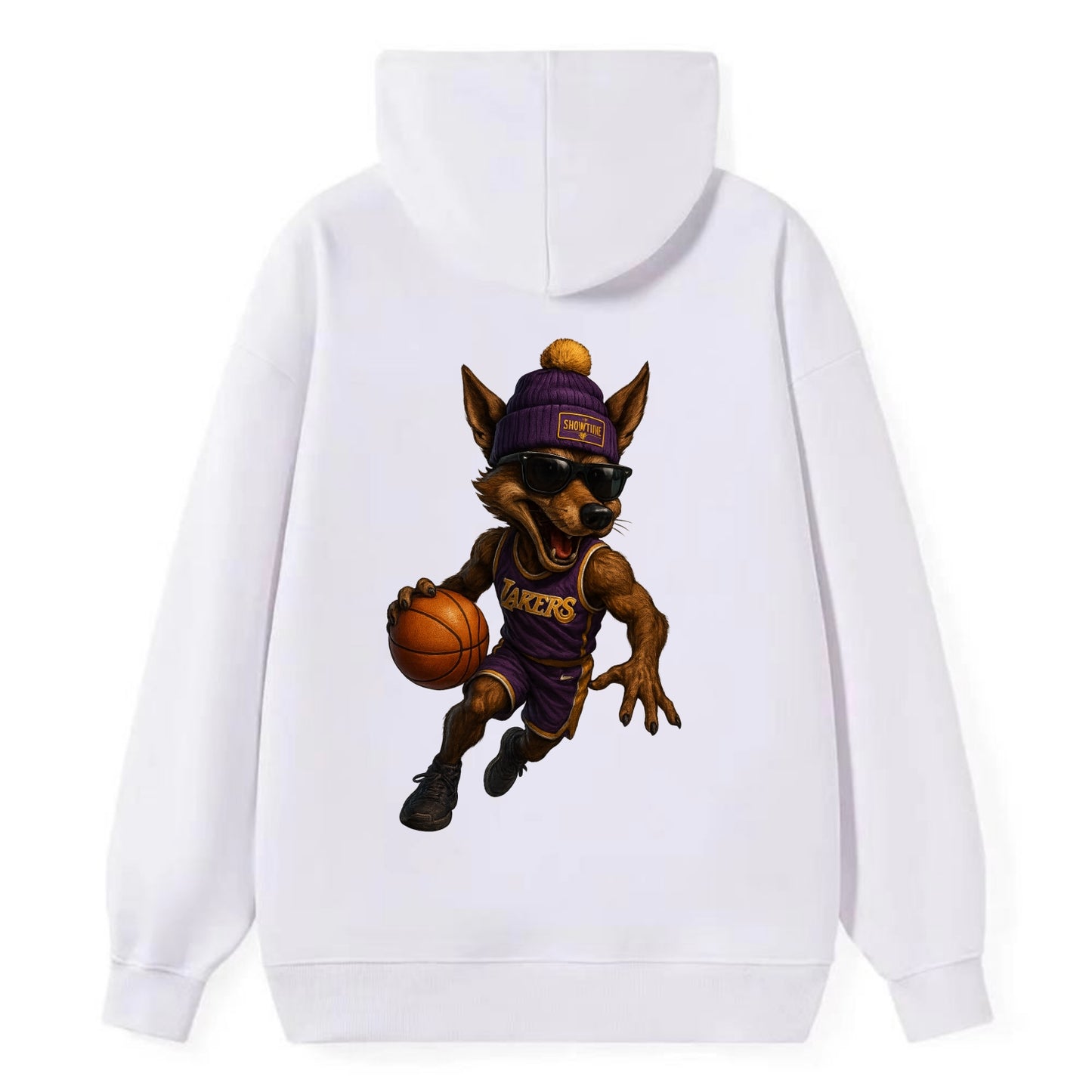 Hollywood Coyote wearing Lakers beanie with Showtime patch and wayfarer - Classic Pullover Hoodie - White