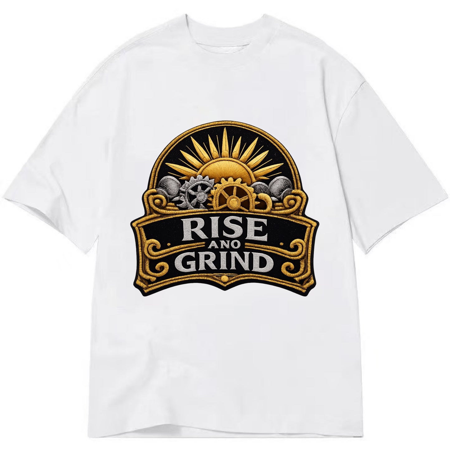 RISE AND GRIND - sun with gears in gold , morning motivation - Classic T-shirt - White