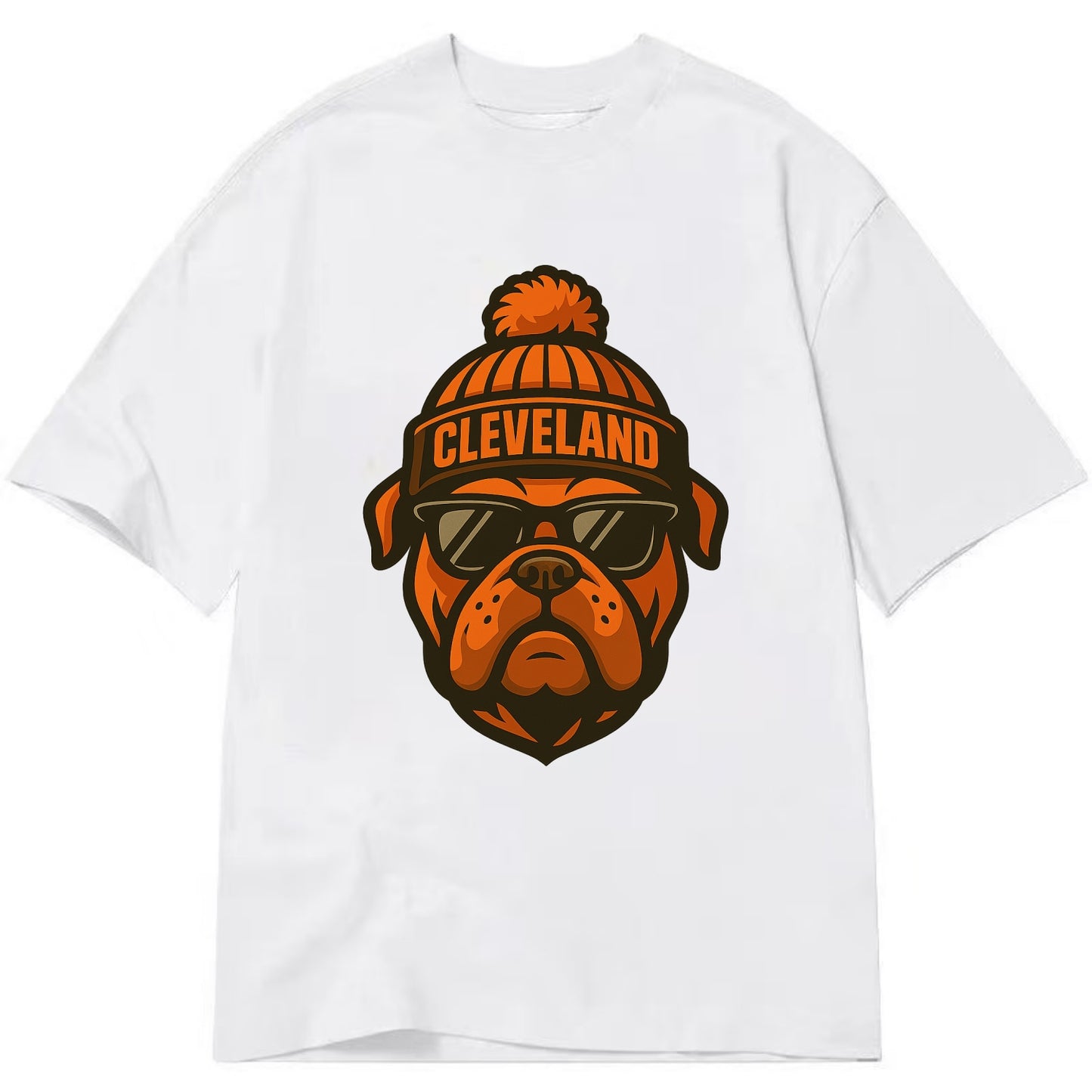 Cleveland Bulldog wearing Browns orange and brown beanie with pom pom and - Classic T-shirt - White