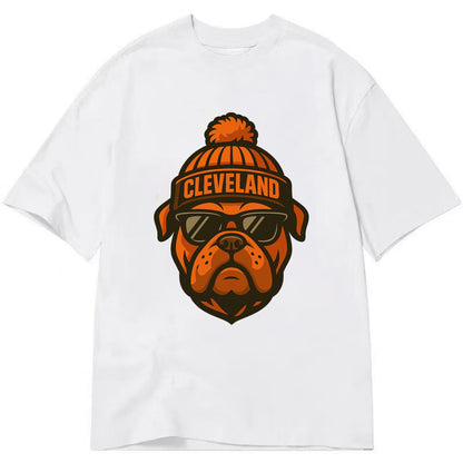 Cleveland Bulldog wearing Browns orange and brown beanie with pom pom and - Classic T-shirt - White