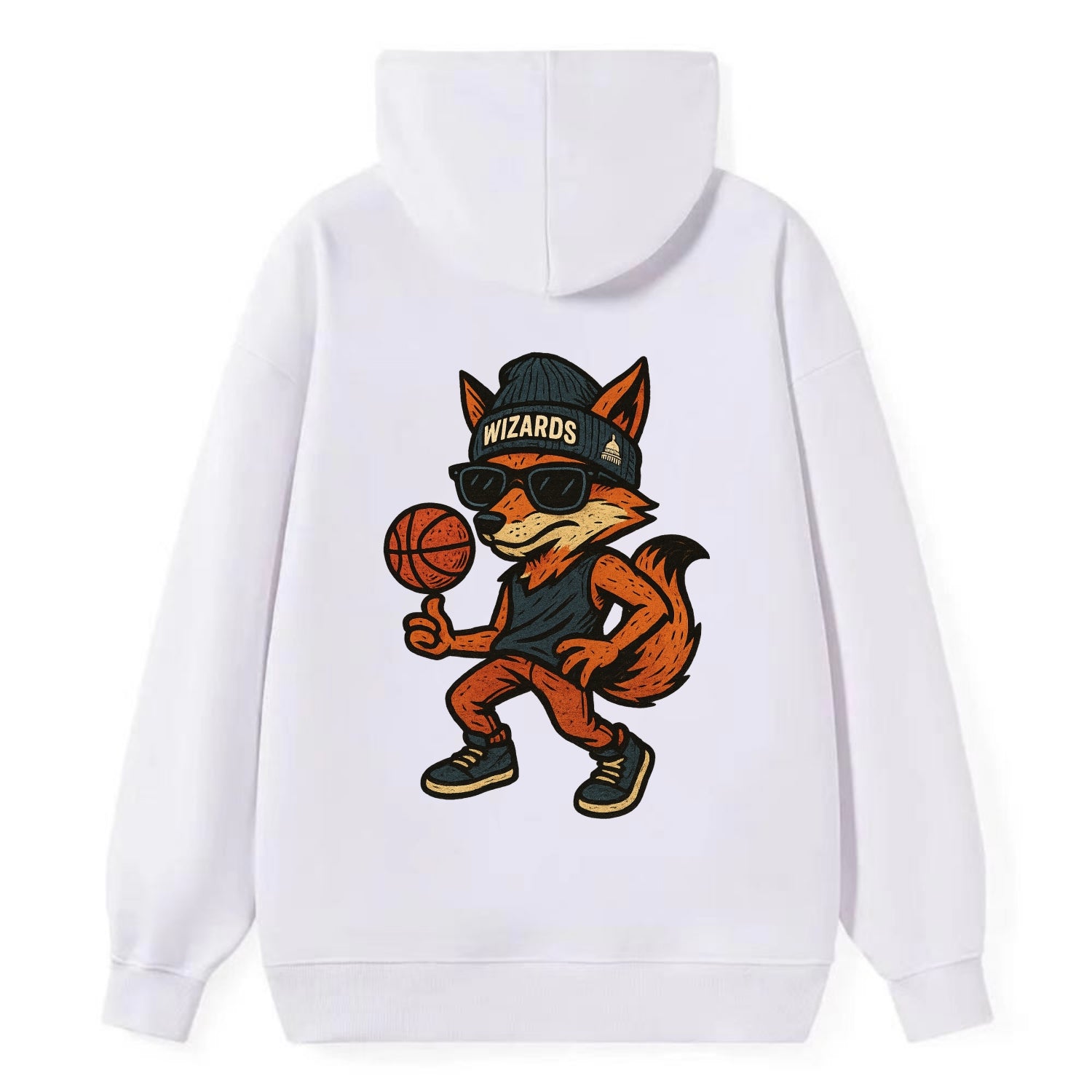 Washington Fox wearing Wizards beanie with capitol patch and wayfarer - Classic Pullover Hoodie - White