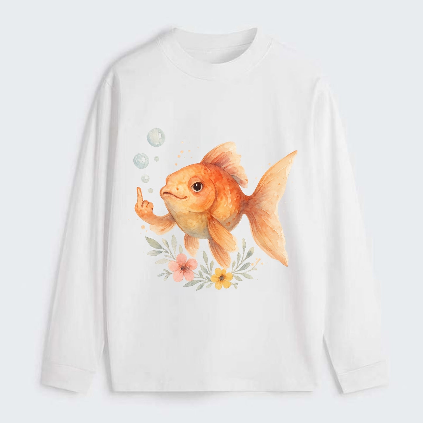 chubby goldfish blowing bubbles, one fin extended like middle finger - Classic Long Sleeve Shirt - White