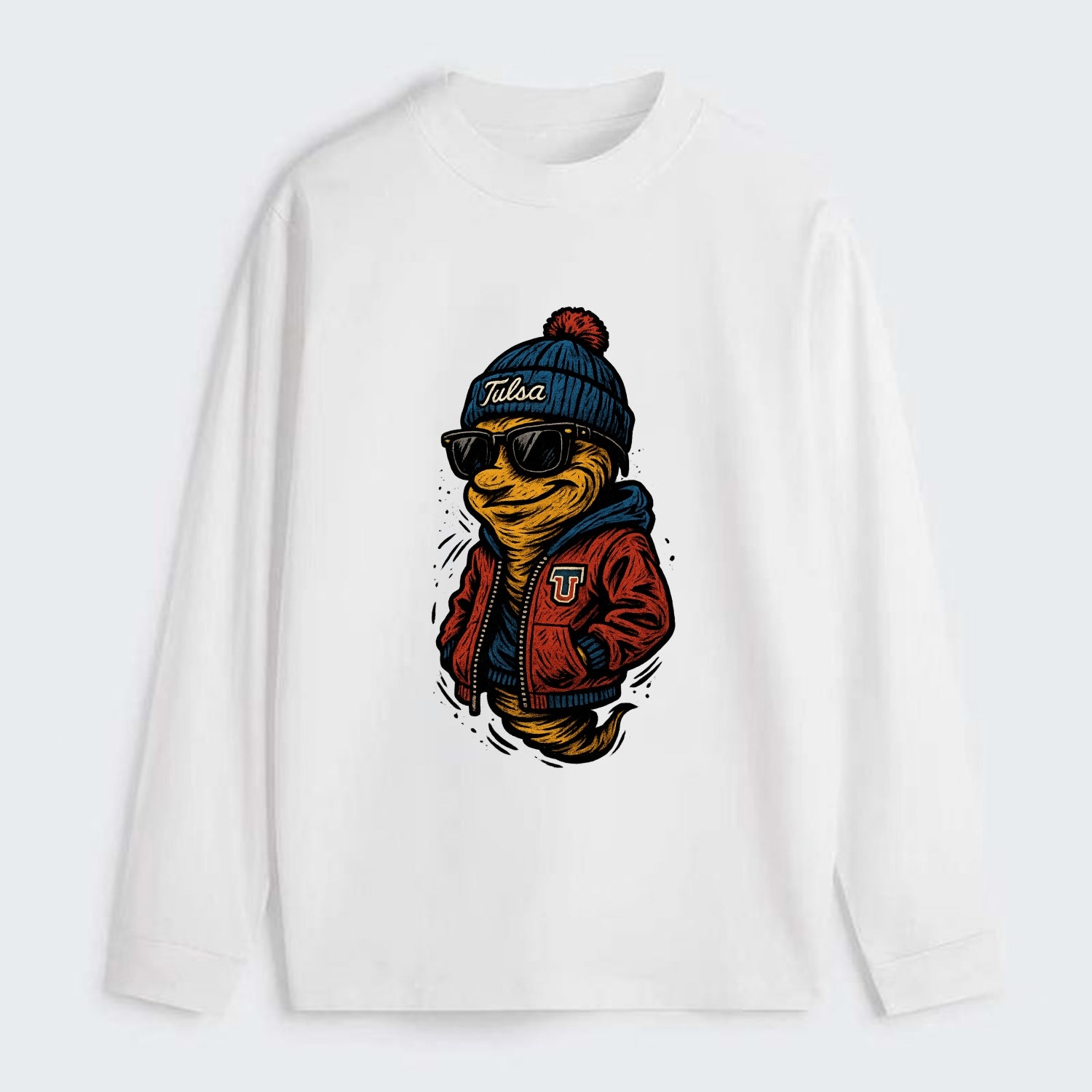 Tulsa Hurricane wearing Tulsa beanie with TU patch - Classic Long Sleeve Shirt - White