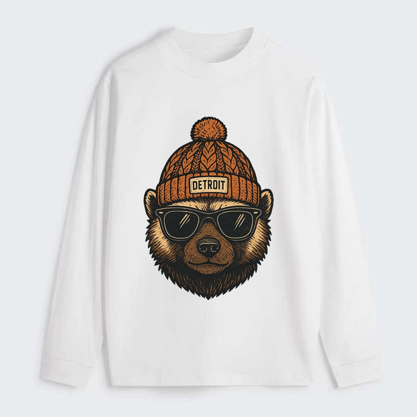 Detroit Wolverine wearing Detroit beanie with pom pom and wayfarer - Classic Long Sleeve Shirt - White