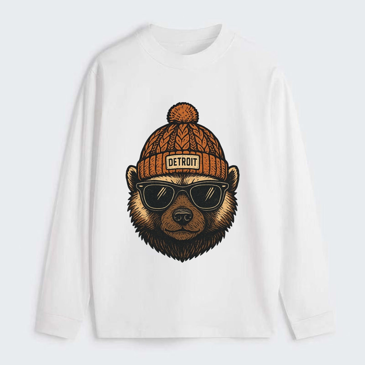 Detroit Wolverine wearing Detroit beanie with pom pom and wayfarer - Classic Long Sleeve Shirt - White