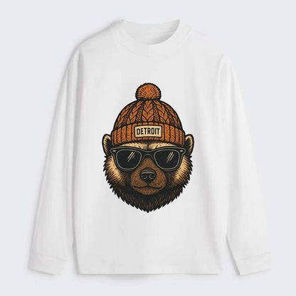 Detroit Wolverine wearing Detroit beanie with pom pom and wayfarer - Classic Long Sleeve Shirt - White