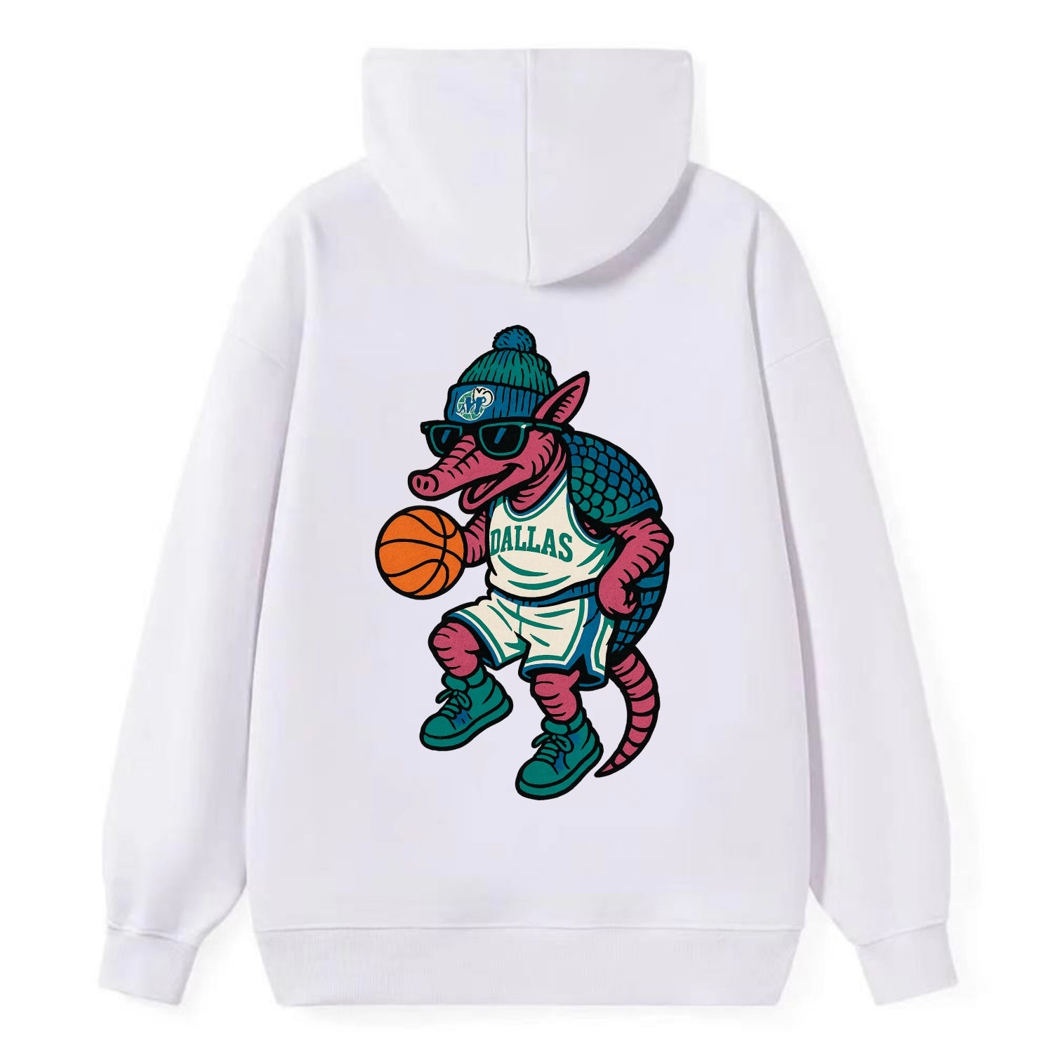 Dallas Armadillo wearing Mavericks beanie with cowboy hat patch and - Classic Pullover Hoodie - White