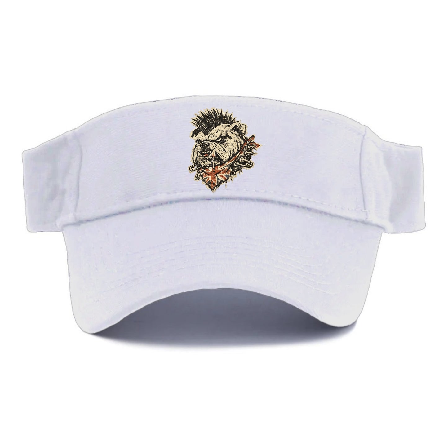 PUNK BULLDOG | British bulldog with mohawk | Safety pins through collar | Union Jack - Visor - White