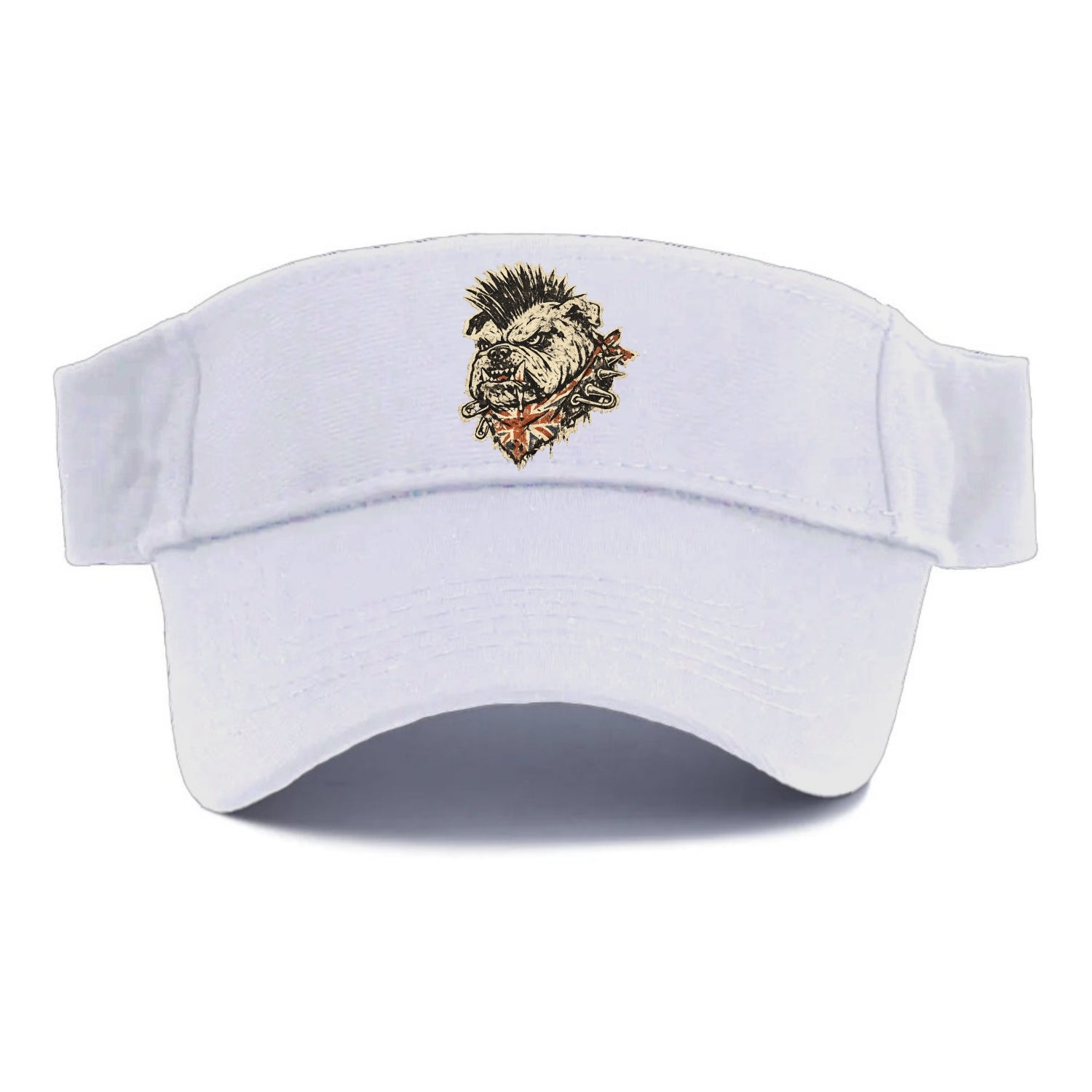PUNK BULLDOG | British bulldog with mohawk | Safety pins through collar | Union Jack - Visor - White