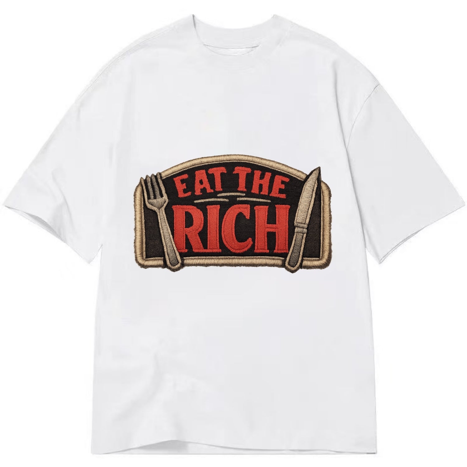 EAT THE RICH - fork and knife with text in red and silver , class war - Classic T-shirt - White