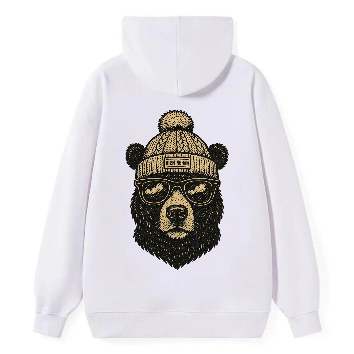 Alabama Black Bear wearing Birmingham beanie with pom pom and wayfarer - Classic Pullover Hoodie - White