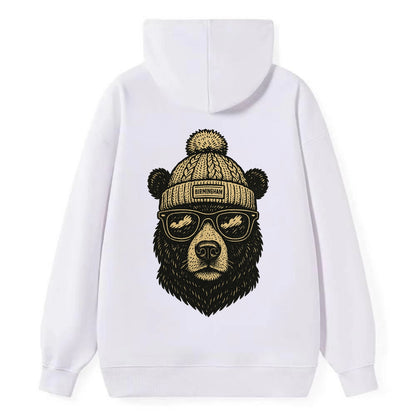 Alabama Black Bear wearing Birmingham beanie with pom pom and wayfarer - Classic Pullover Hoodie - White