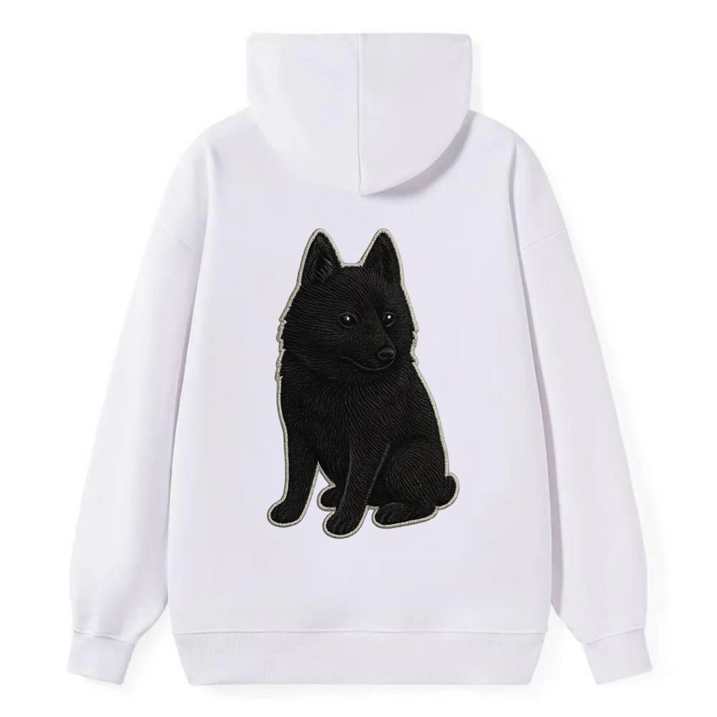 Schipperke - Solid black small embroidered sitting pose - Classic Pullover Hoodie - White