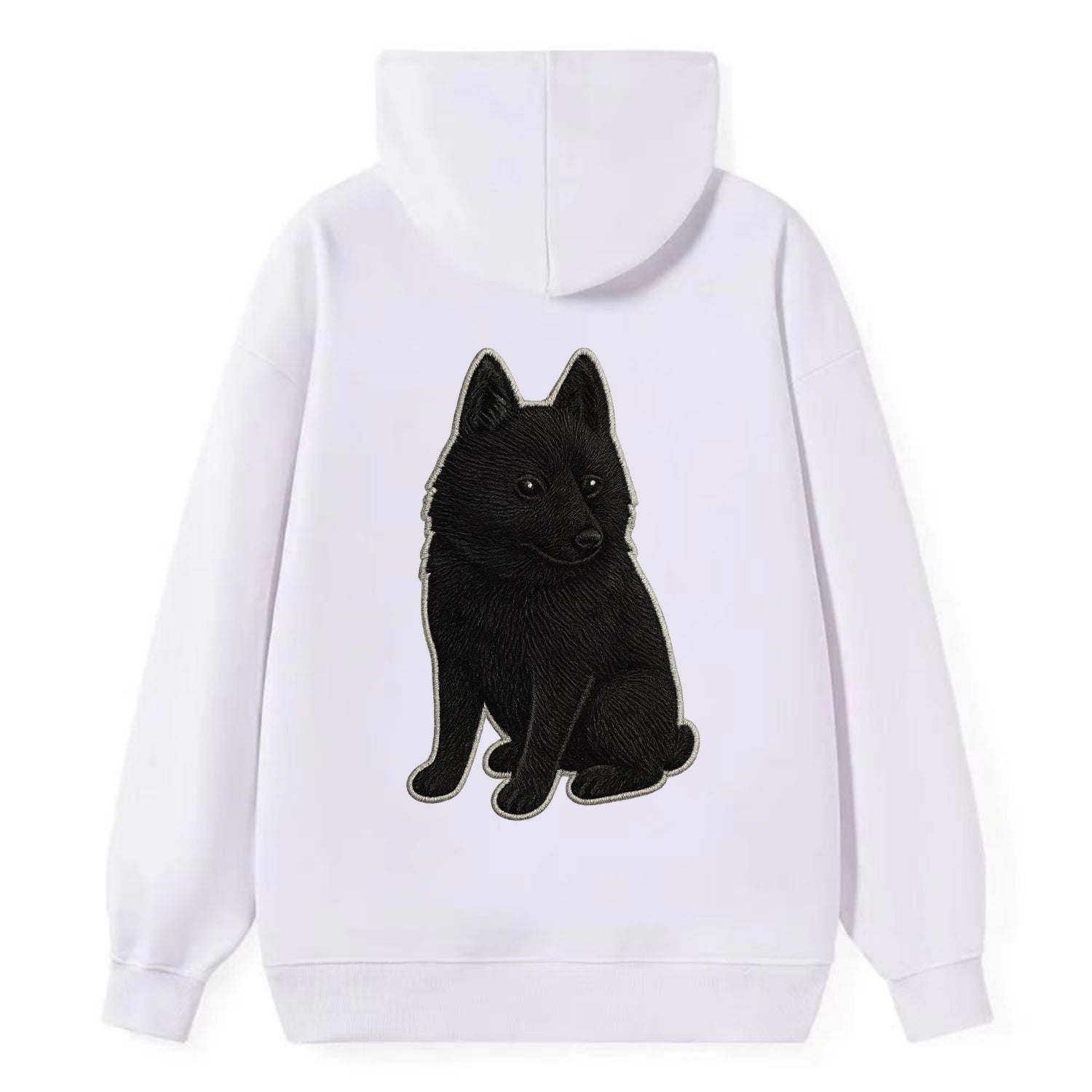 Schipperke - Solid black small embroidered sitting pose - Classic Pullover Hoodie - White