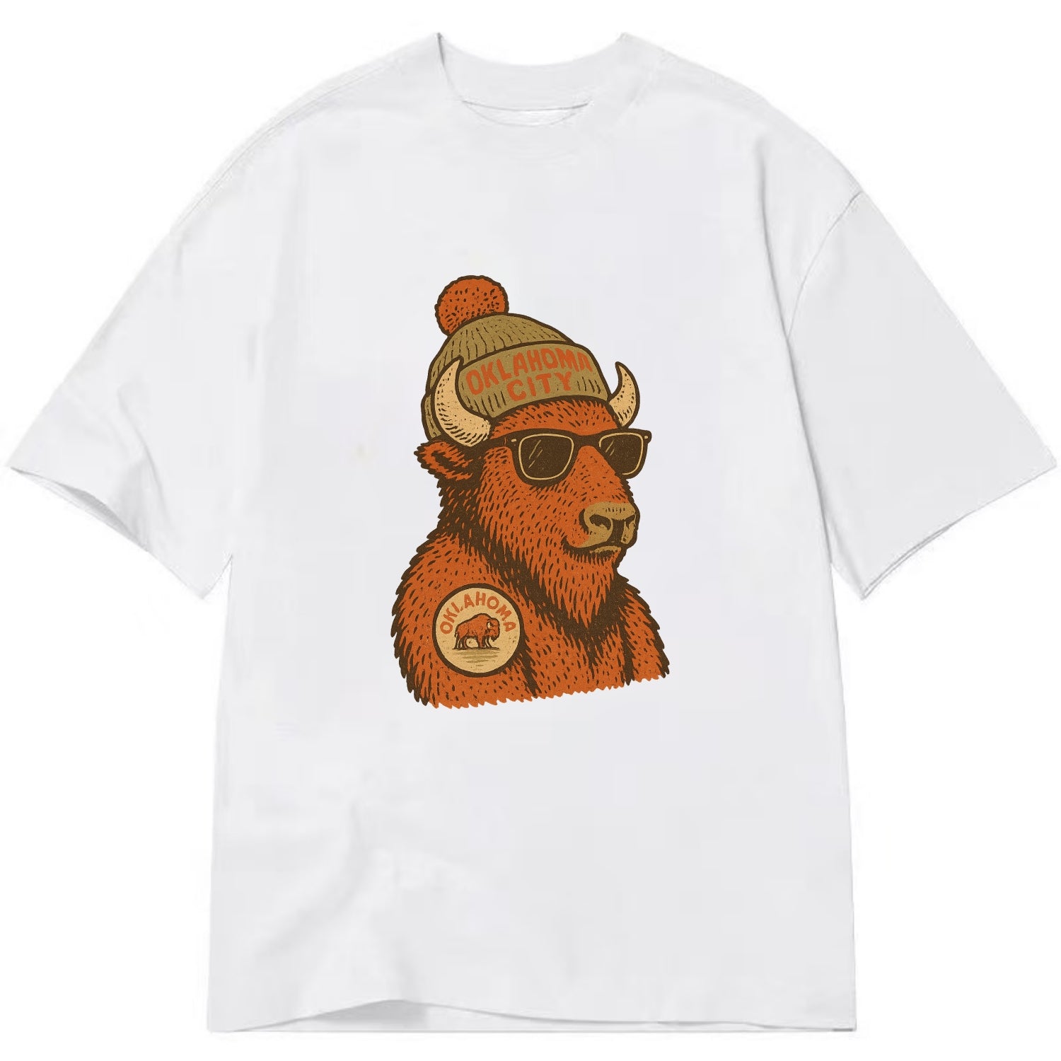 Oklahoma Buffalo wearing Oklahoma City beanie with pom pom and wayfarer sunglasses - Classic T-shirt - White