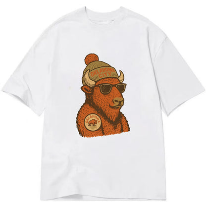 Oklahoma Buffalo wearing Oklahoma City beanie with pom pom and wayfarer sunglasses - Classic T-shirt - White