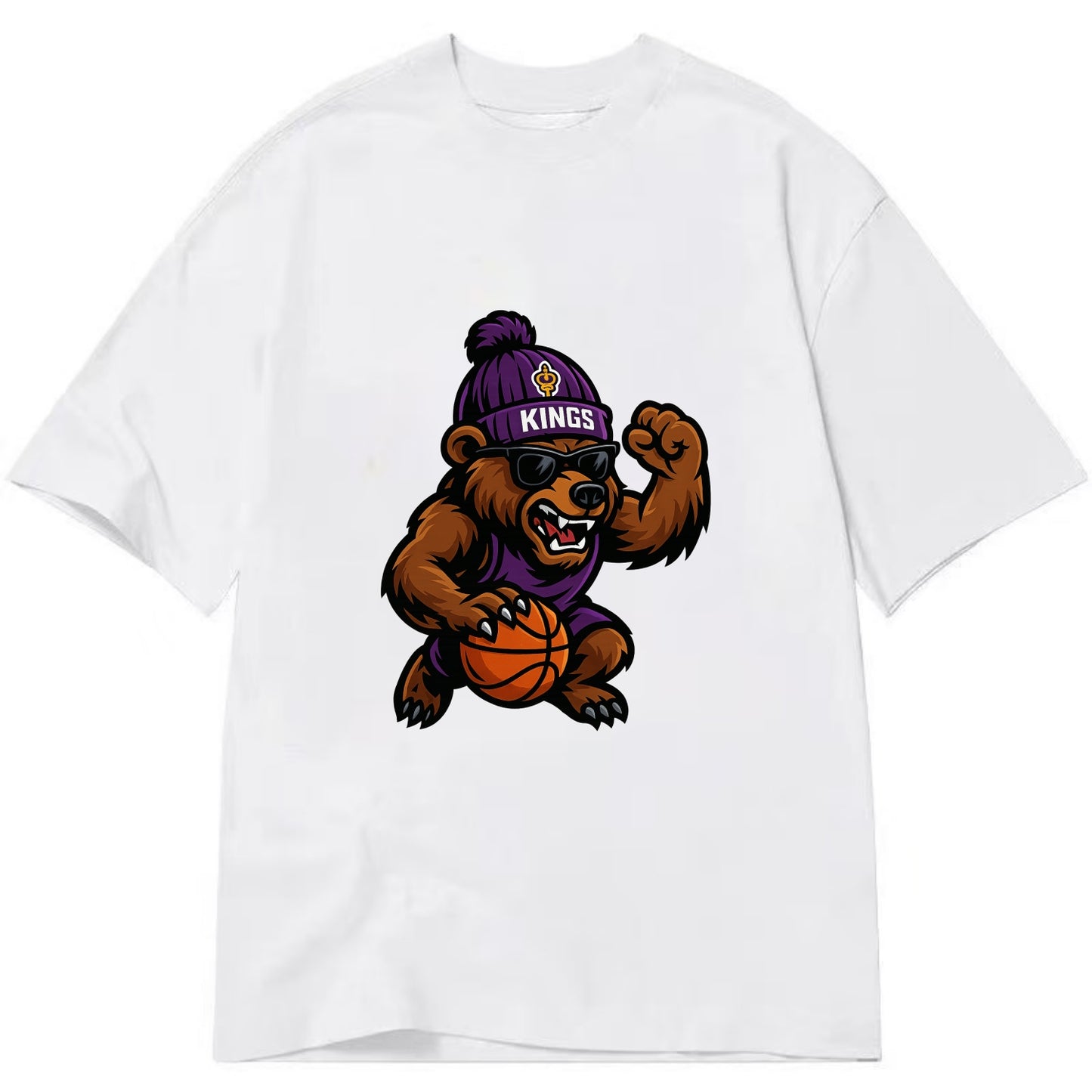 California Grizzly wearing Kings beanie with royal scepter patch and wayfarer - Classic T-shirt - White