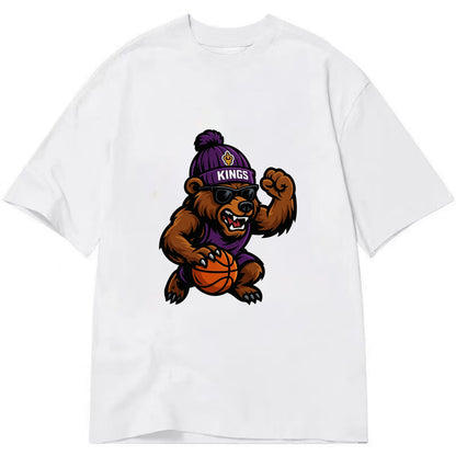 California Grizzly wearing Kings beanie with royal scepter patch and wayfarer - Classic T-shirt - White