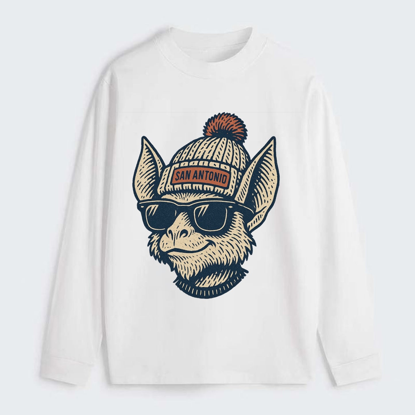 San Antonio Bat wearing San Antonio beanie with pom pom and wayfarer - Classic Long Sleeve Shirt - White