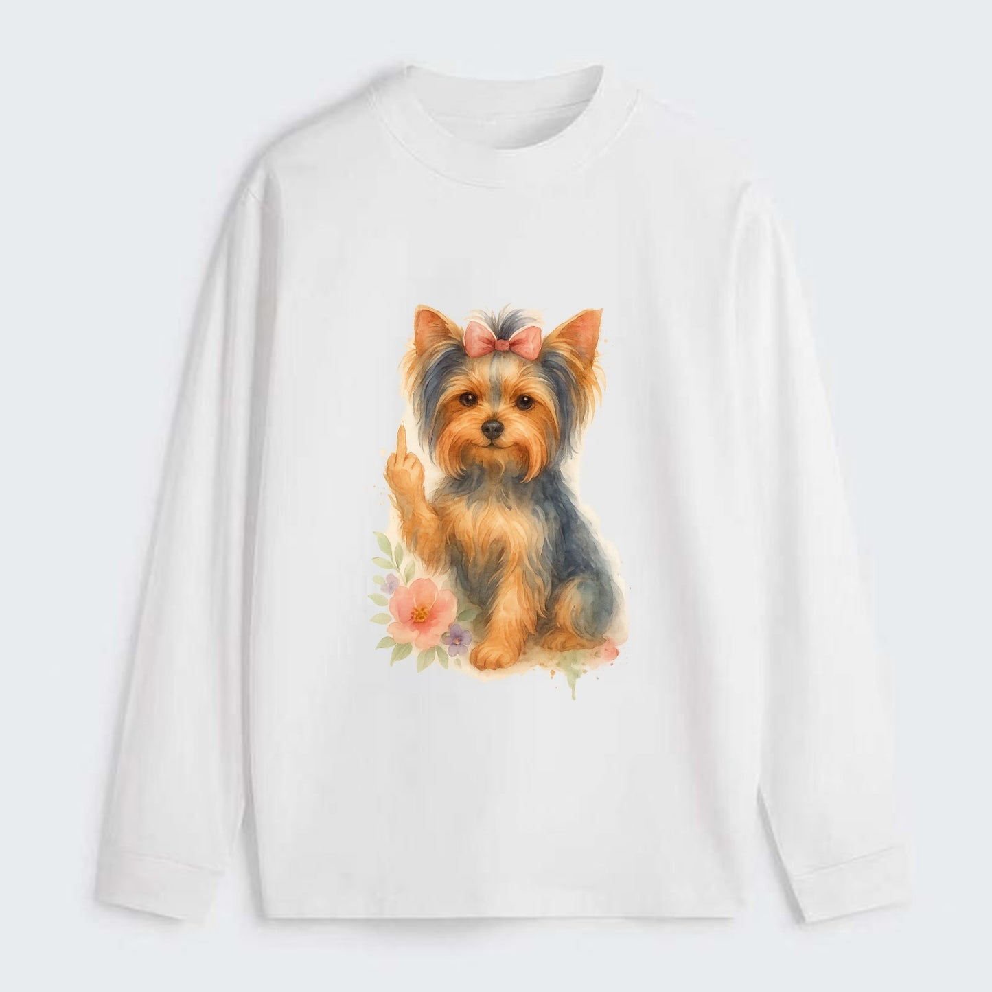 Yorkshire Terrier with topknot bow, one delicate paw flipping off - Classic Long Sleeve Shirt - White