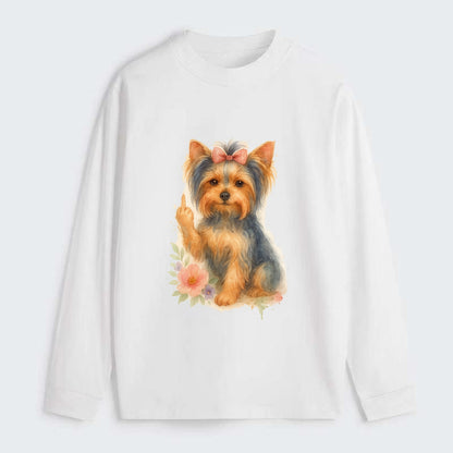 Yorkshire Terrier with topknot bow, one delicate paw flipping off - Classic Long Sleeve Shirt - White
