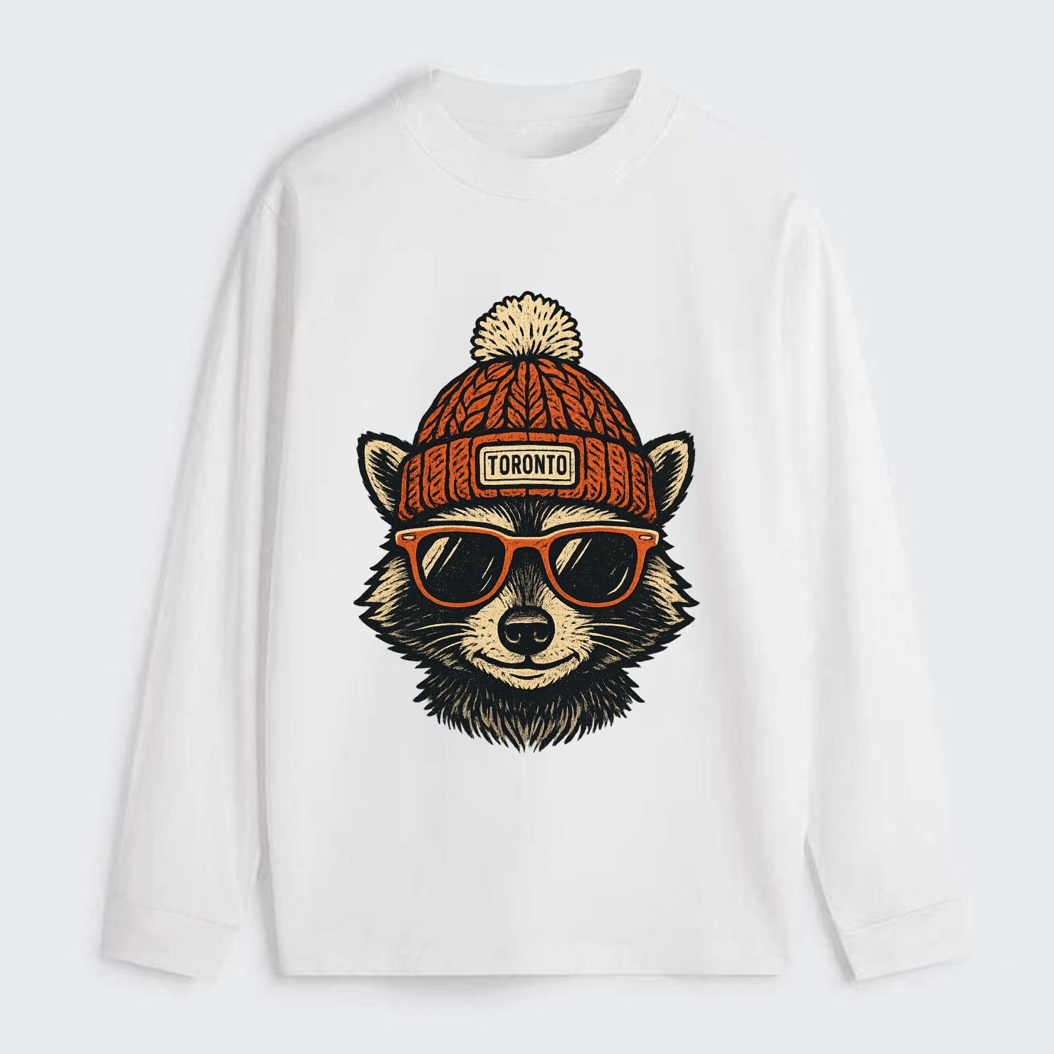 Toronto Raccoon wearing Toronto beanie with pom pom and wayfarer - Classic Long Sleeve Shirt - White
