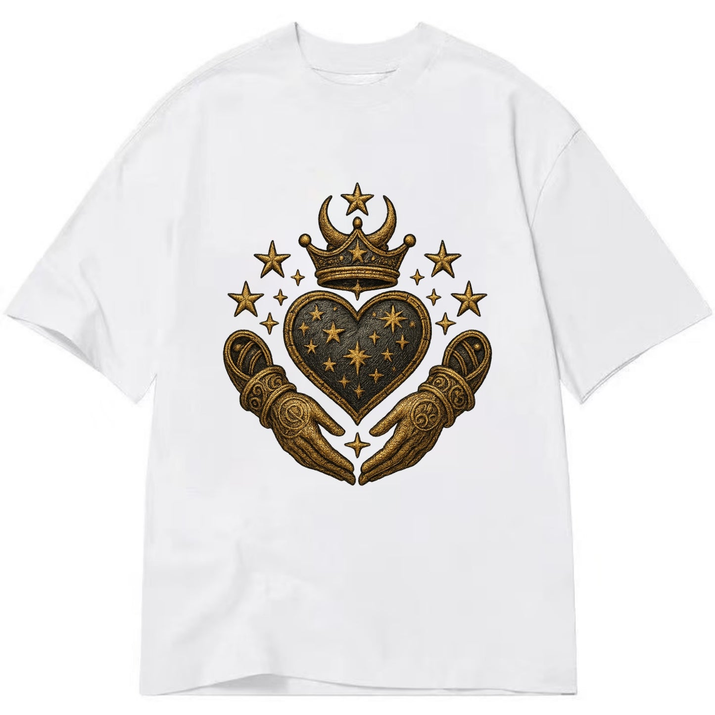 Weathered antique brass crown above a hammered gunmetal heart framed by ivy-woven - Classic T-shirt - White
