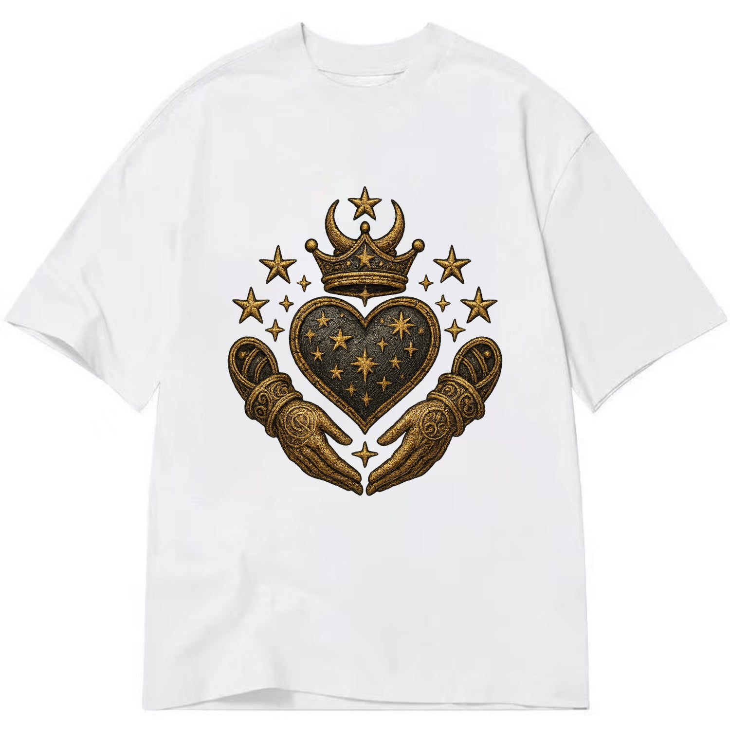 Weathered antique brass crown above a hammered gunmetal heart framed by ivy-woven - Classic T-shirt - White