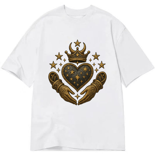 Weathered antique brass crown above a hammered gunmetal heart framed by ivy-woven - Classic T-shirt - White