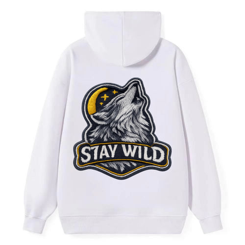 STAY WILD - wolf with text in gray , free spirit - Classic Pullover Hoodie