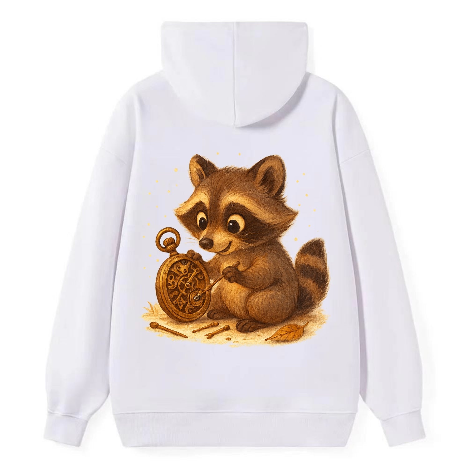 Raccoon tinkering with a steampunk pocket watch using tiny brass tools - Classic Pullover Hoodie - White