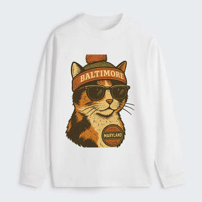 Maryland Calico Cat wearing Baltimore beanie with pom pom and wayfarer - Classic Long Sleeve Shirt - White