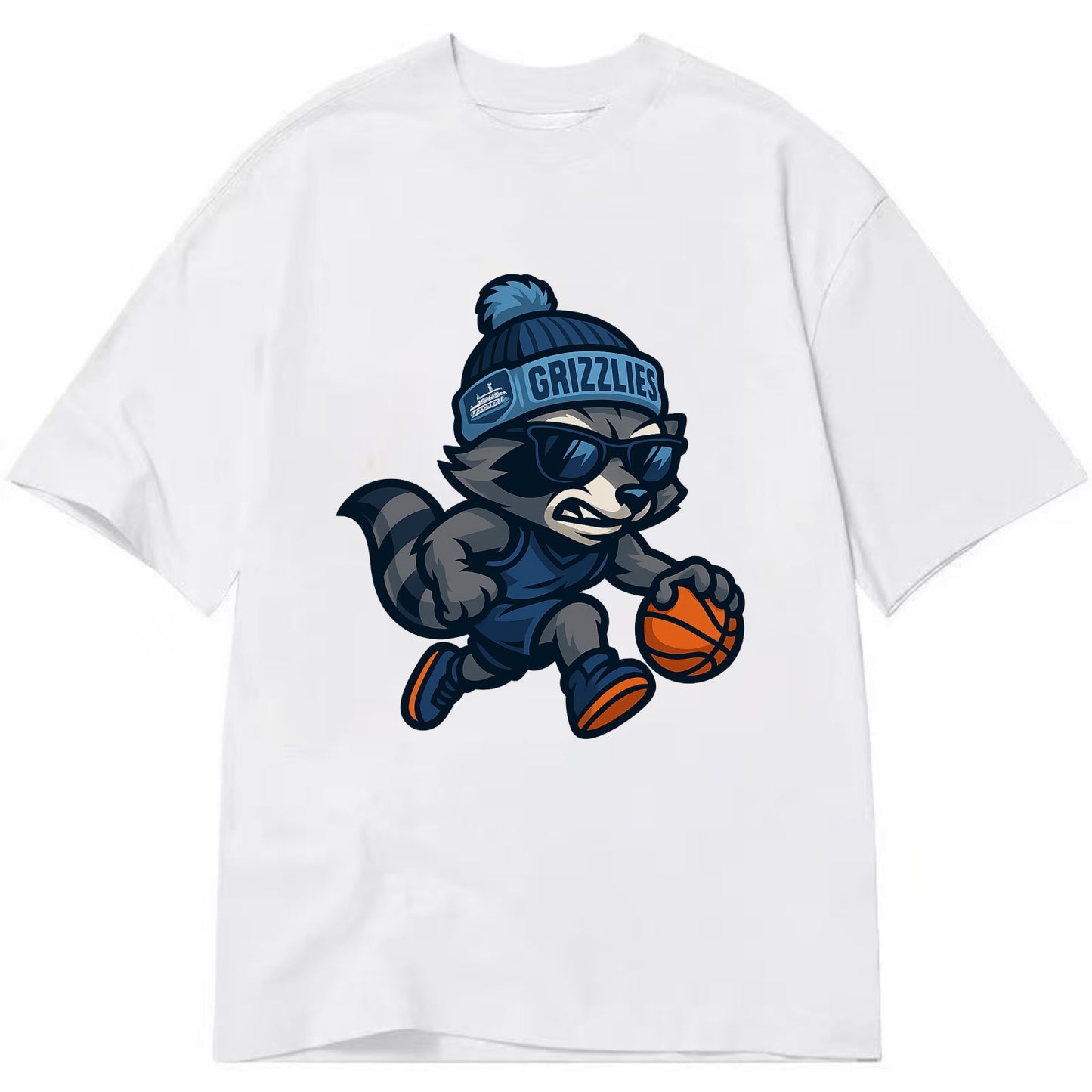 Memphis Raccoon wearing Grizzlies beanie with riverboat patch and wayfarer - Classic T-shirt - White