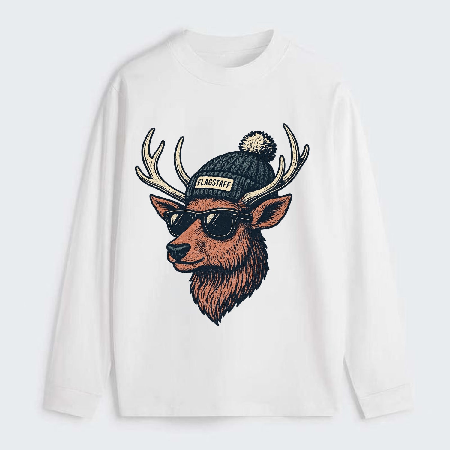 Flagstaff Elk wearing Flagstaff beanie with pom pom and wayfarer - Classic Long Sleeve Shirt - White