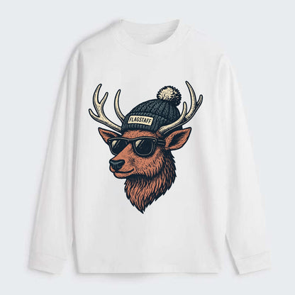 Flagstaff Elk wearing Flagstaff beanie with pom pom and wayfarer - Classic Long Sleeve Shirt - White