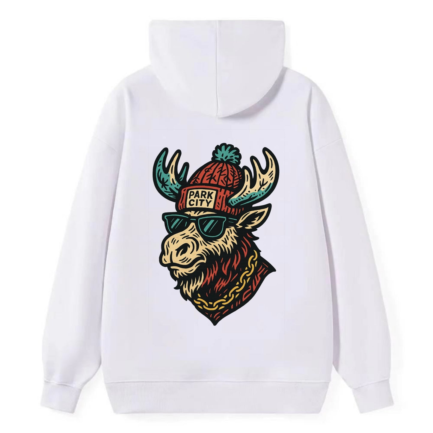 Park City Moose wearing Park City beanie with pom pom and wayfarer - Classic Pullover Hoodie - White